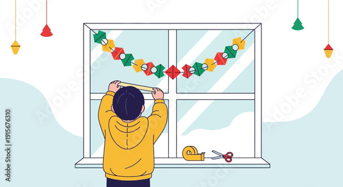 Child Decorates Window With Festive Garland Using Tape And Scissors