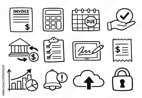 Financial Documentation and Business Reporting Hand-Drawn Icons: Invoices, Budgets, Charts, and Security