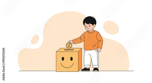 Child Deposits Coin Into Smiling Piggy Bank For Financial Education