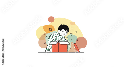Child Discovering Mystery In Open Box With Abstract Shapes Background