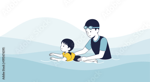 Child Learns To Swim With Instructor Support And Water Safety Guidance