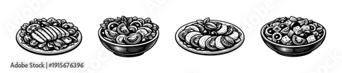 Salad dishes flat vector icons set. fresh food bowls, healthy ingredients, gourmet designs