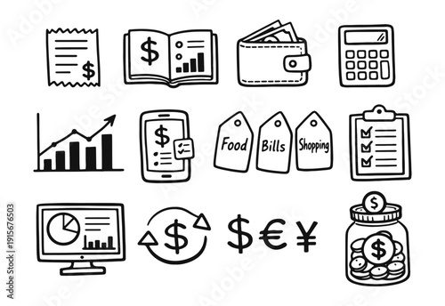 Personal Finance Management Doodle Icons: Budget Tracker, Wallet, Spending, and Investment Vector Set