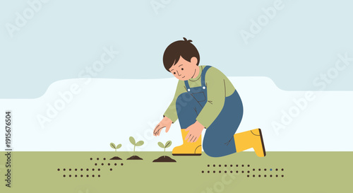 Child Nurturing Young Plants in a Garden