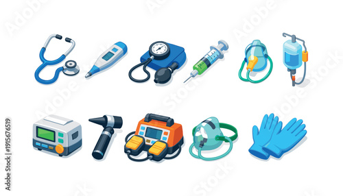 Medical, healthcare 3d icon set. Stethoscope, syringe, glove, thermometer collection