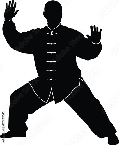 Silhouette of a man practicing Tai Chi, martial arts warrior in traditional Chinese clothing performing slow, flowing movements.