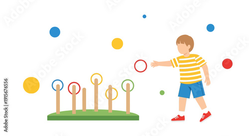 Child Playing Ring Toss Game With Colorful Rings And Dots Festive Outdoor Fun