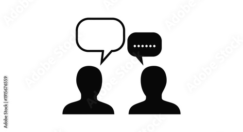 A simple black icon depicts two silhouetted figures engaged in conversation indicated by speech bubbles high quality professional