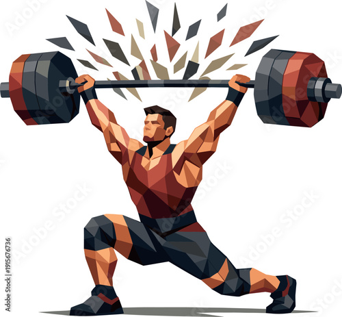 Dynamic Weightlifting Victory. Low-poly vector illustration of a weightlifter completing a powerful clean and jerk, full-body