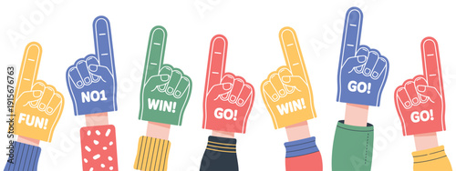 Fans Foam Finger Banner Vector Set – Competition Team Support Gloves on Human Hands, Sport Soccer and Football Symbols, Championship Background Design Elements