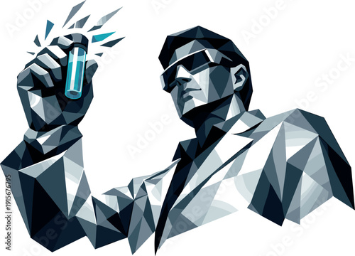 Low-poly vector illustration of a scientist preparing to swirl a vial, upright angular stance with elbow bent and wrist poised,