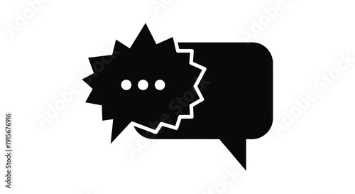A minimalist black and white illustration depicts a speech bubble with an irregular burst shape high quality professional