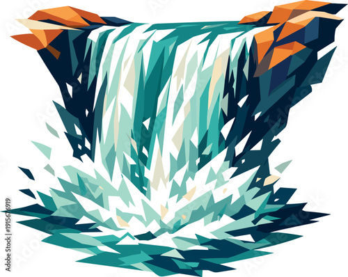 Polygonal Waterfall Cascade. Low-poly vector illustration of a waterfall plunge spray escalating, water accelerating over the edge