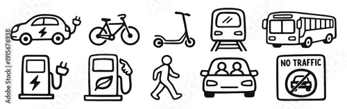 Eco-Friendly Transportation and Urban Mobility Doodle Icons