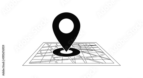 A simple black and white illustration depicts a location marker placed upon a gridded map surface high quality