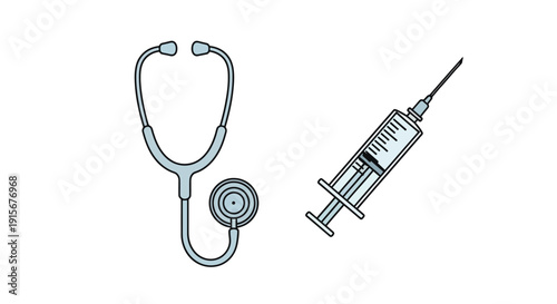 A light blue stethoscope and syringe illustration on a white background