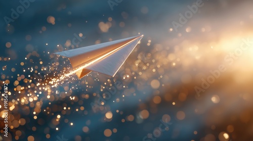 A soaring golden paper airplane embodies continuous improvement and growth in business, leaving a vibrant trail of light over a blurred background.