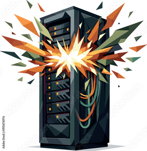 Low-poly vector illustration of a server rack experiencing a power surge, tall data cabinet with sharply faceted panels, angular