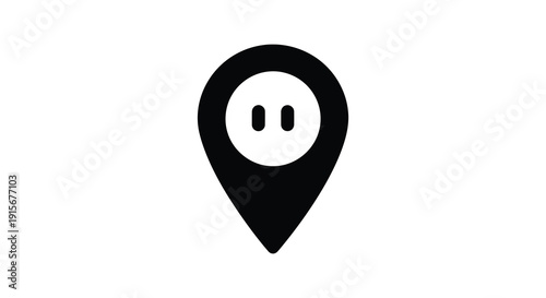 A simple black and white icon depicts a location pin with a playful cartoonish face inside high quality