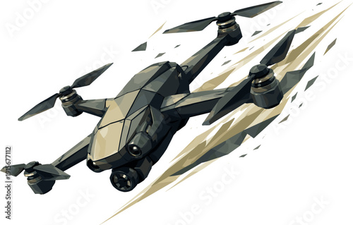 Low-poly vector illustration of a drone executing a fast swoop, single compact aerial drone with sharply faceted mechanical body
