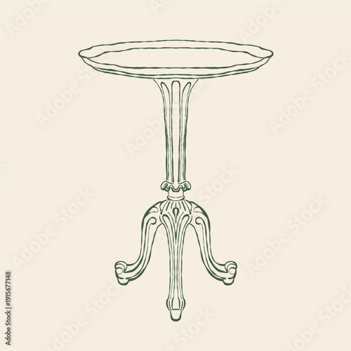 Hand-drawn sketch of an antique table in the Baroque or Rococo style. Vector illustration of retro furniture. Classic coffee table clipart. Vintage interior accessory.