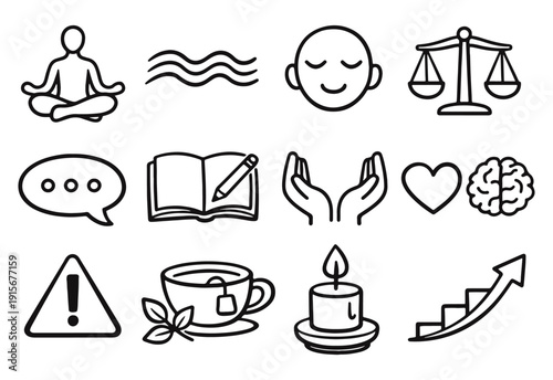 Mental Health and Wellness Doodle Icons Set, Self-Care and Spirituality Hand-Drawn Symbols, Emotional Balance Line Art Vector