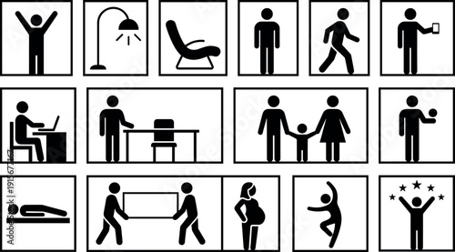 Diverse Collection Of Black Stick Figure Icons Representing Family Life Business Work Pregnancy Lifestyle Activities And Home Furniture Symbols Isolated On White Background Grid