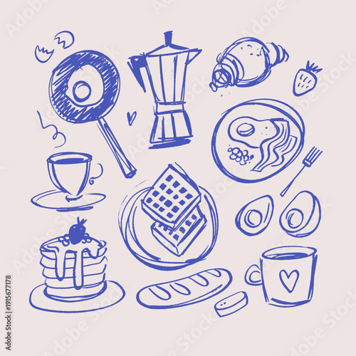 Hand drawn kitchen breakfast doodle set. Blue ink sketch of moka pot, fried egg pan and waffles. Imperfect cooking line art for morning menu or recipe blog design.