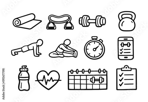 Comprehensive Fitness and Gym Workout Hand Drawn Icons, Sports Training and Healthy Lifestyle Doodle Symbols Vector Set