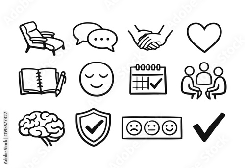 Mental Health, Therapy, and Psychological Support Doodle Icon Set