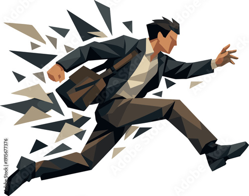 Low-poly vector illustration of a startup founder at peak tension mid-leap, body fully suspended with visible angular strain