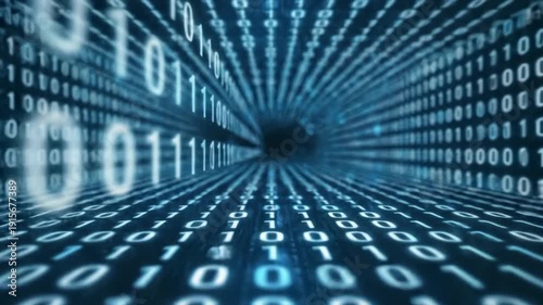binary code tunnel with flowing digital data stream representing cyber technology and binary code transfer in bright blue hues