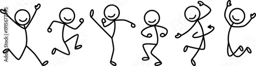 Set of happy stick figure icons jumping for joy with smiles, dancing, and celebrating success in various energetic poses for positive business concepts.