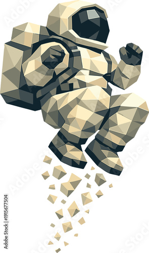 Low-poly vector illustration of an astronaut performing a moon jump, single astronaut in a bulky spacesuit with sharply faceted