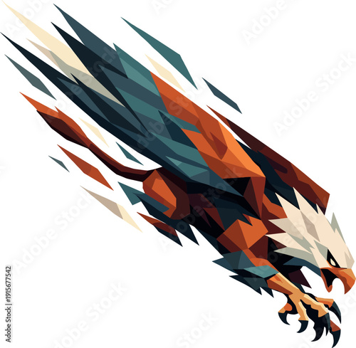 Low-poly vector illustration of a griffin accelerating into a steep claw dive, elongated angular body cutting diagonally downward