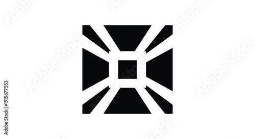 A stark black and white geometric design features a central square intersected by four radiating angled black shapes