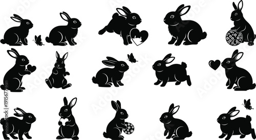 Collection of various rabbit silhouette poses and actions silhouette