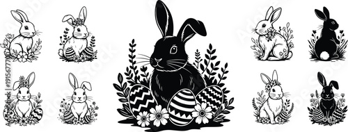 Silhouette of a rabbit surrounded by multiple smaller rabbit silhouettes in various poses and foliage