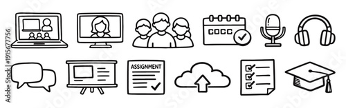 Online Education and Remote Learning Hand Drawn Icon Set. Webinar, Assignment, and Cloud Storage Doodle Symbols.