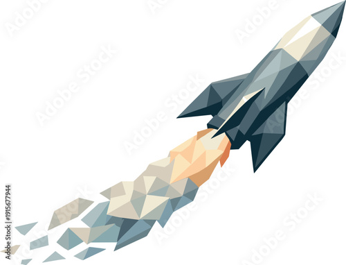 Low-poly vector illustration of a rocket climbing steadily after launch, streamlined angular posture with stabilized ascent,