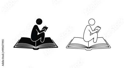 Person reading a book depicted in black and white silhouette icons