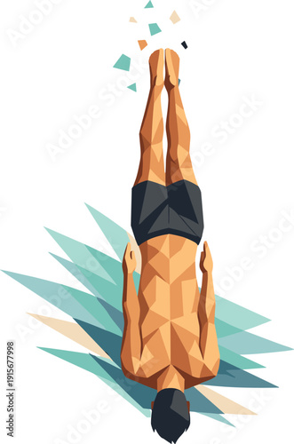 Low-poly vector illustration of a diver moments before water entry after the cliff jump, body aligned vertically with arms