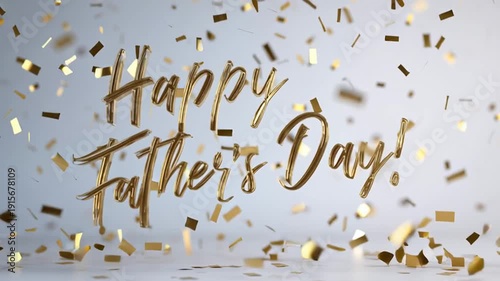 Celebration of Father's Day with golden confetti in the air and cheerful text saying Happy Father's Day