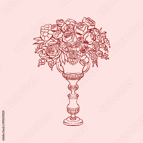 Vector illustration of a flower bouquet in a vase for banquet table decor. Wedding bouquet in linear style. Vintage wedding decor and accessories in red color. Vector outline clipart in sketch style.