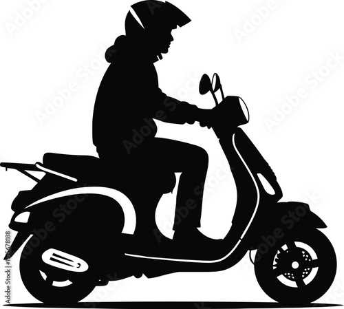 Person riding a classic scooter in silhouette, urban transport and freedom, black and white vector.
