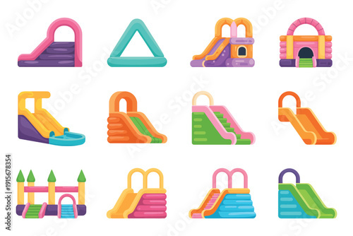 Inflatable Slides and Water Pool Vector Set – Colorful Trampolines for Amusement Park, Outdoor Children Activity Equipment, Playground Tools Illustration Collection