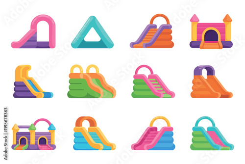 Inflatable Slides and Water Pool Vector Set – Colorful Trampolines for Amusement Park, Outdoor Children Activity Equipment, Playground Tools Illustration Collection
