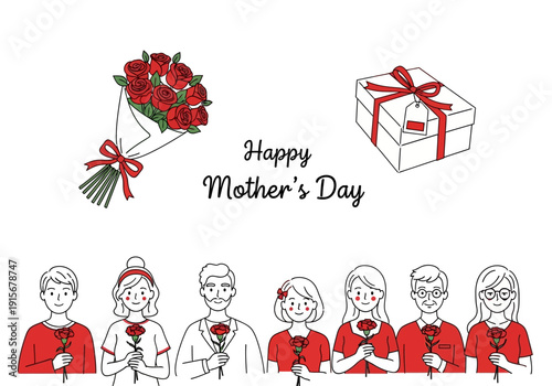 A heartwarming mother s day illustration featuring roses a gift and a family celebrating high quality professional