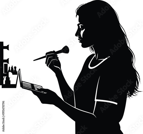 Silhouette of a young woman applying makeup with a brush to her face, holding a compact.