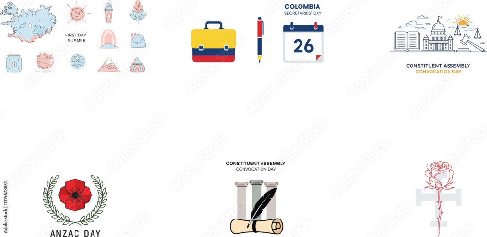 Obraz premium International holidays and events Anzac Day Colombia Secretaries' Day First Day of Summer